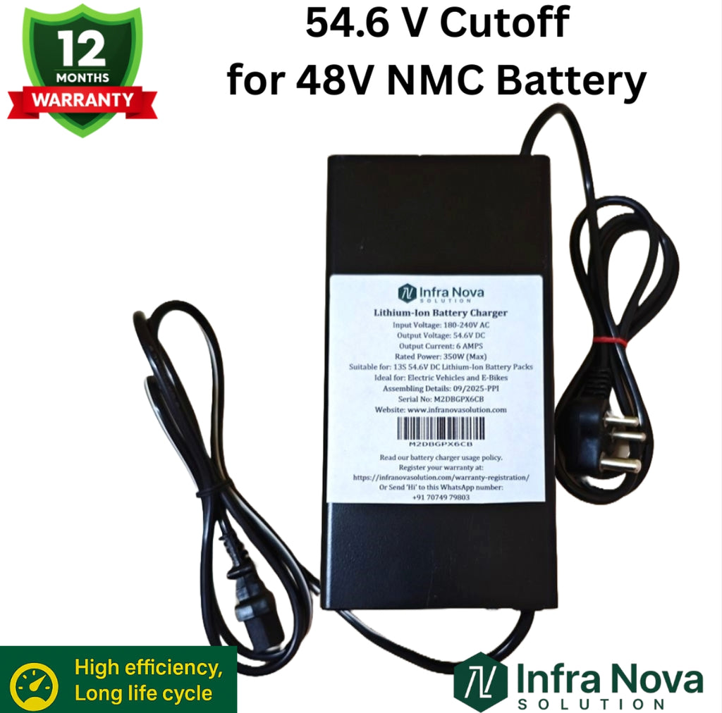 InfraNova Solution 48V (54.6V Cut-off) 6A Lithium-ion Battery Charger for Electric Scooter – 12 Months Warranty
