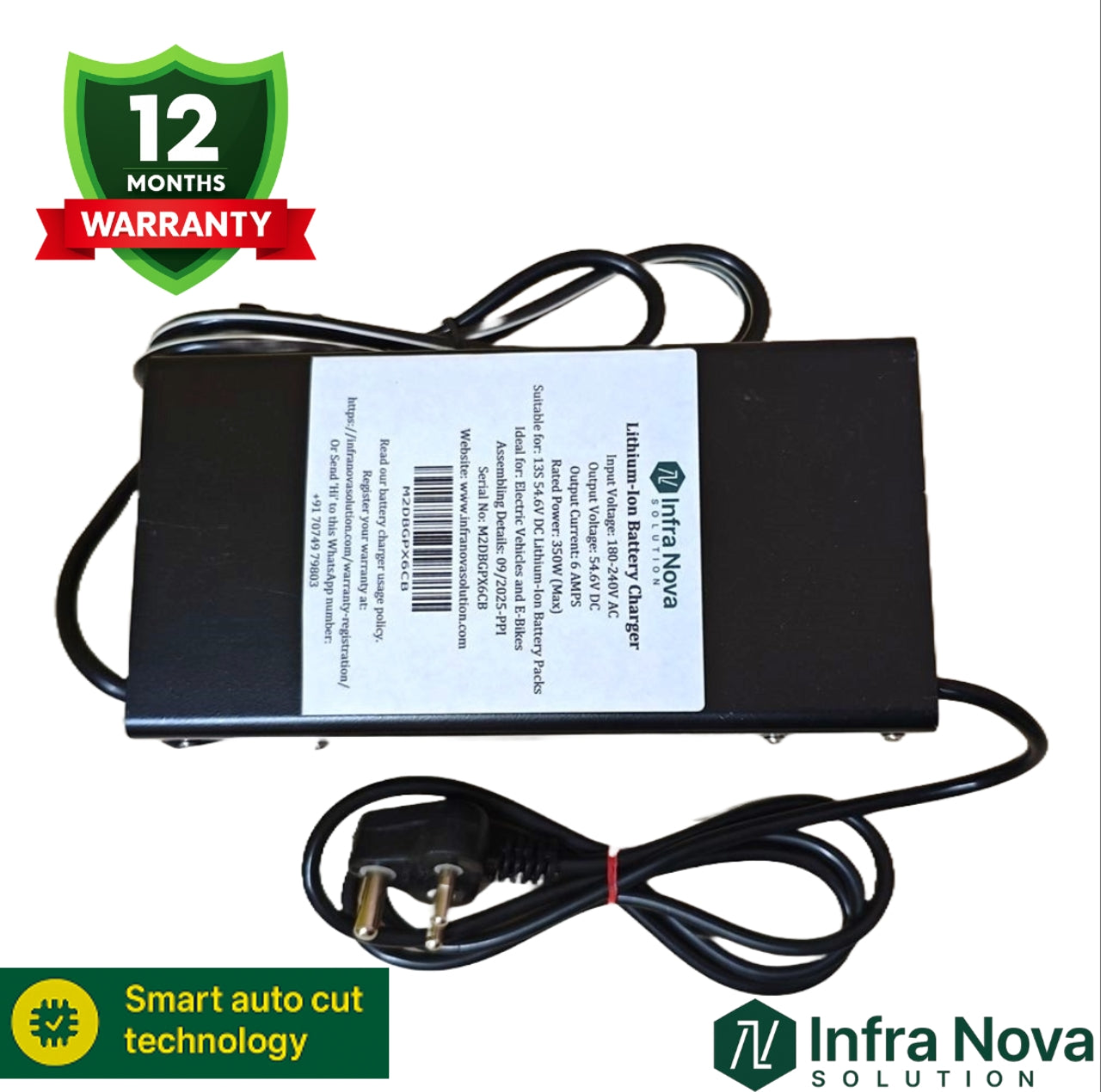 InfraNova Solution 48V (54.6V Cut-off) 6A Lithium-ion Battery Charger for Electric Scooter – 12 Months Warranty